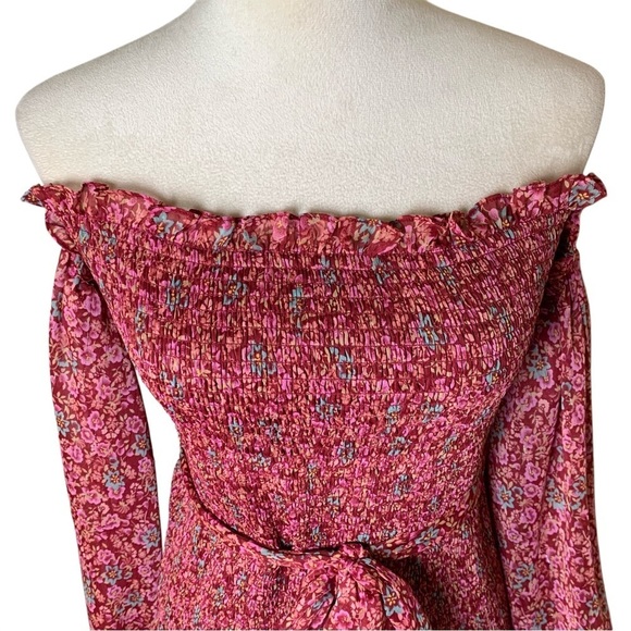 LIKELY Mitzie Ruffle Tiered Midi Dress Size 10 | Red Floral Off Shoulder Smocked - Picture 7 of 12